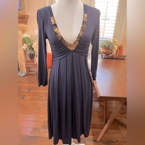Velvet by Graham & Spencer Navy Beaded V-Neck Empire Waist Midi Dress S NWT USA